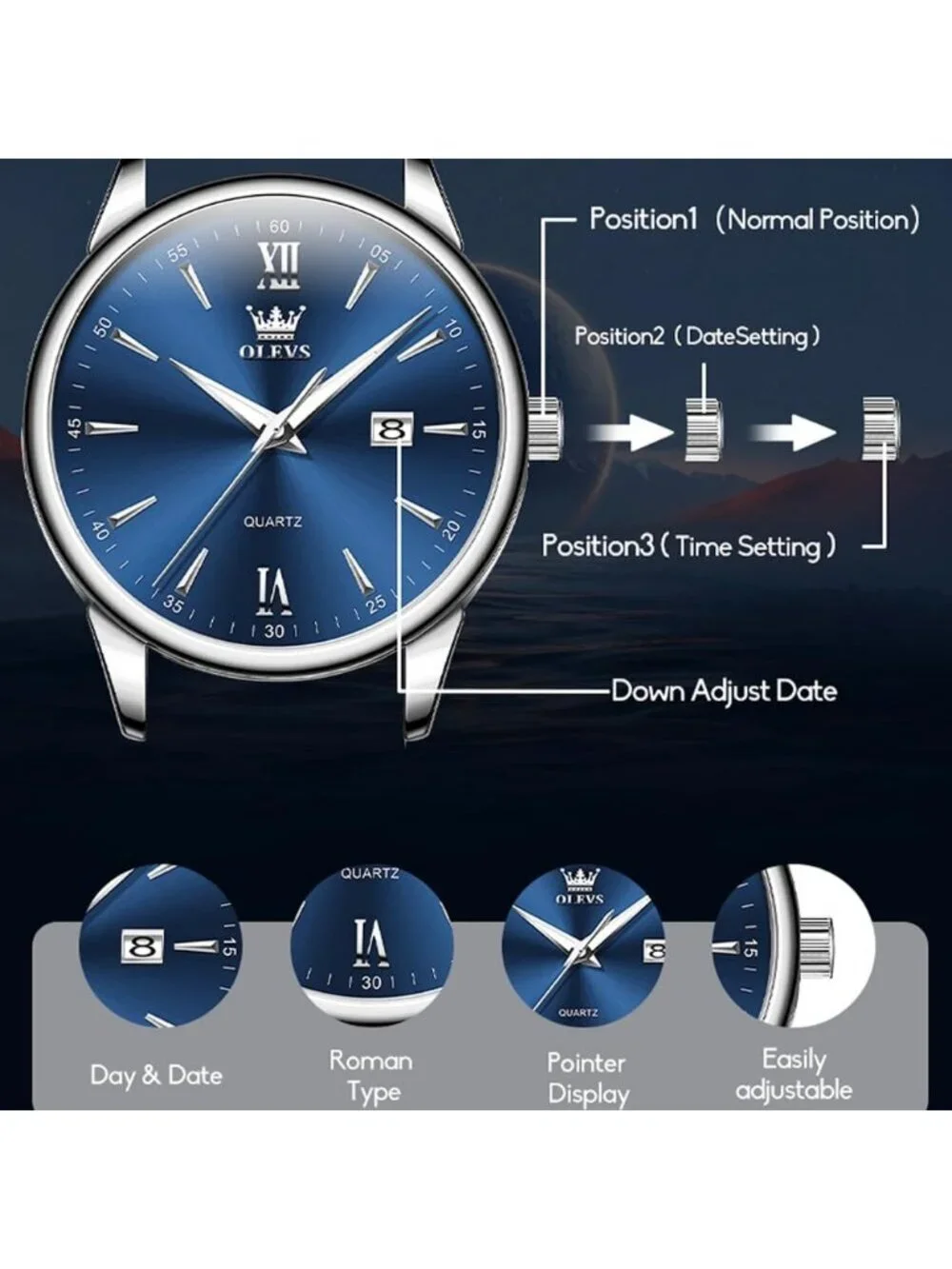 Men's Blue Brown Leather Band Waterproof Relog Para Hombres Classic Wrist Watch